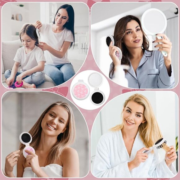 Pink Bow Mini Hair Brush Set Folding Mirror Detangler Travel Purse main image 3